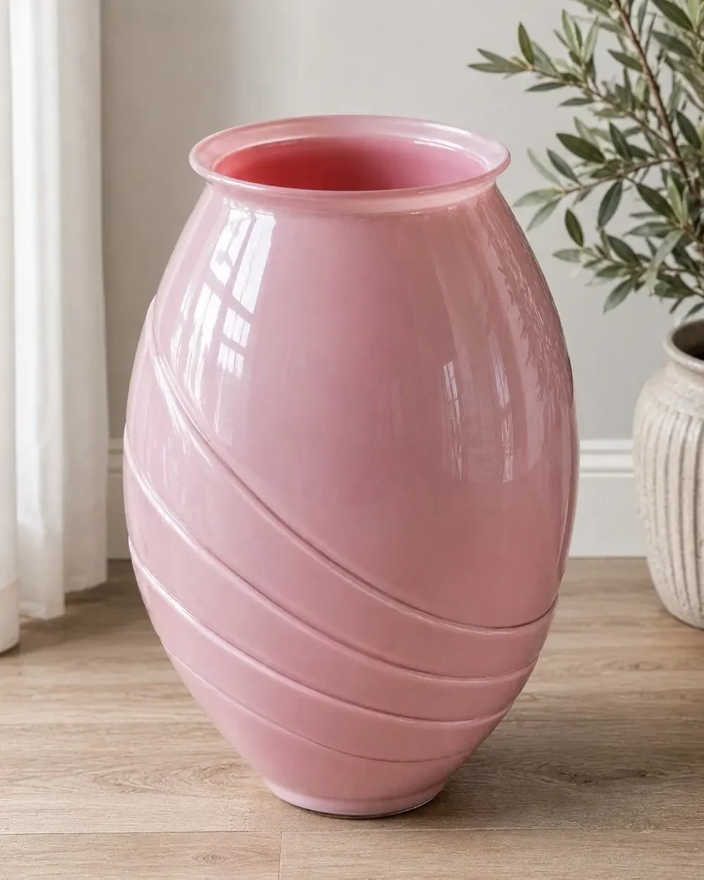 VTG Pink Mauve Art Glass Floor Vase Swirl Ribbed Deco MCM 18”